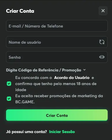 Formulário rápido para criar conta de jogador