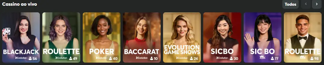 Vista geral da coleção de jogos do casino