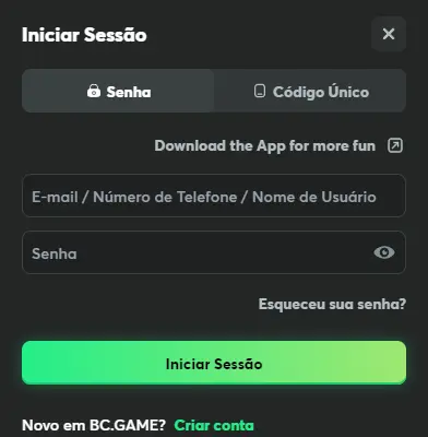 Área de início de sessão – entrar na conta de utilizador